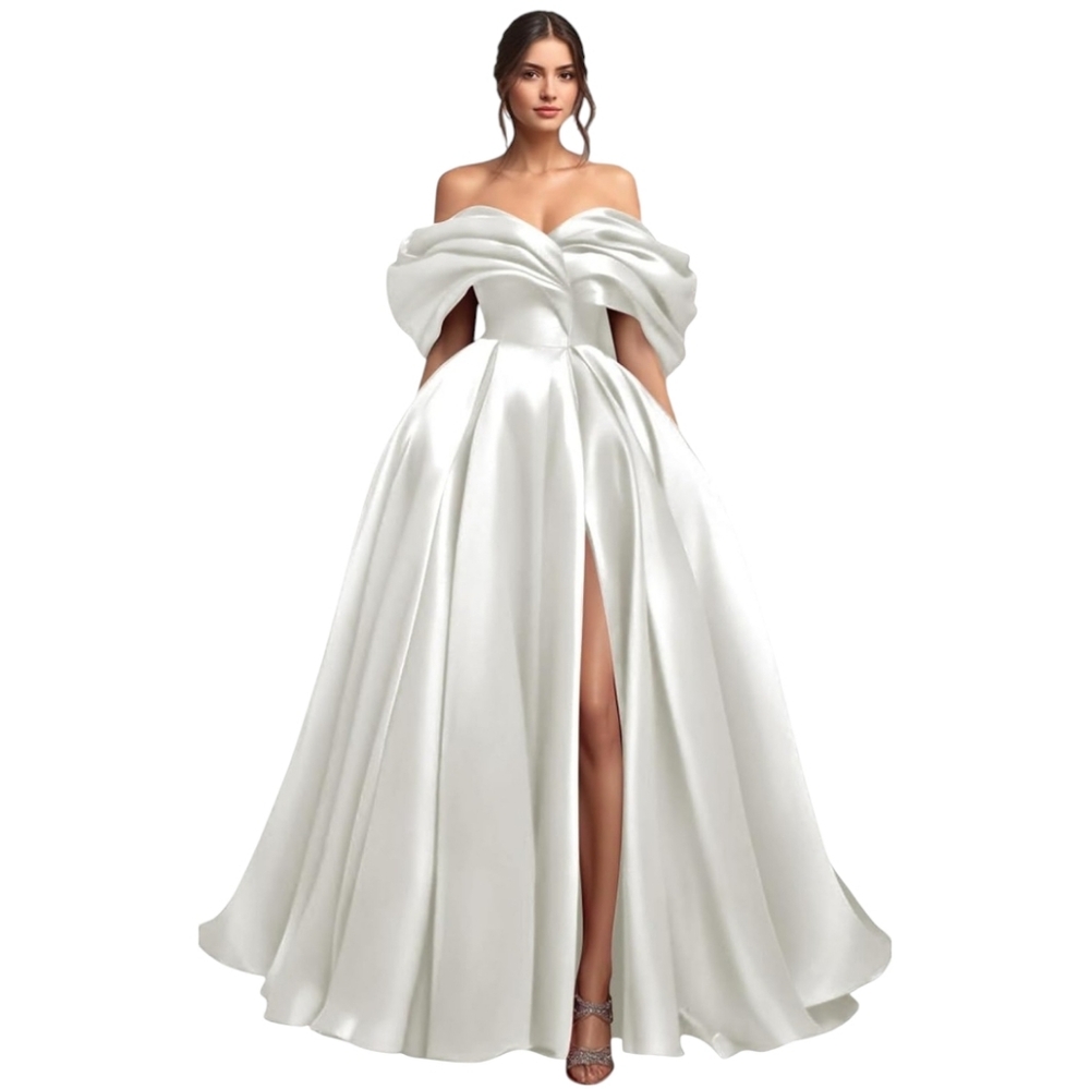 🆕 Elegant Off-Shoulder White Satin Bridal Ball Gown